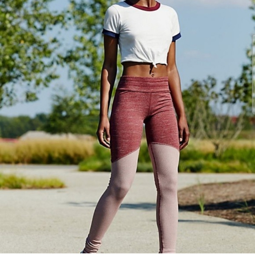 Free People Movement Evolution Leggings Wine Ribbed Colorblock Sz XS